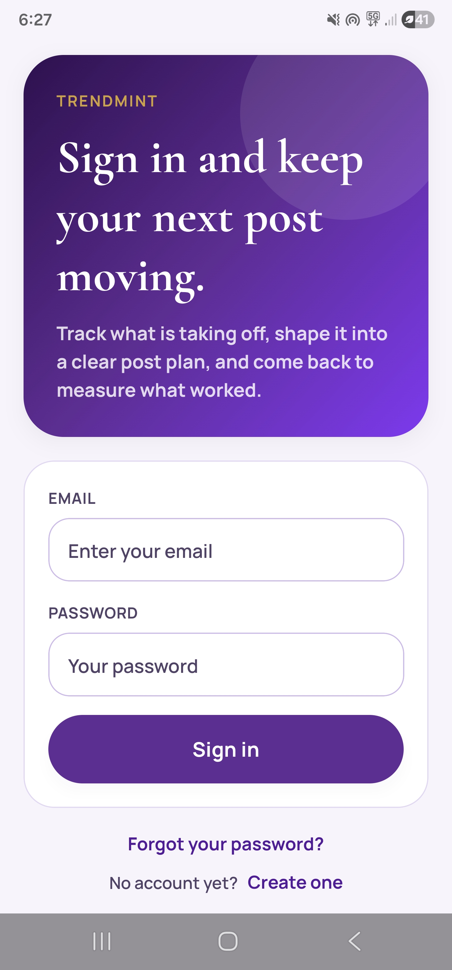 TrendMint sign in screen shown on Android.